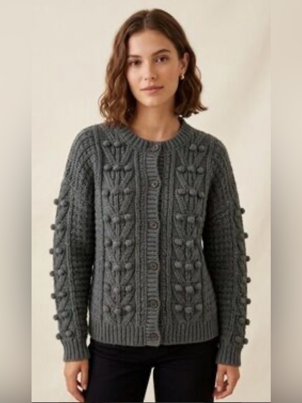 Rylee + Cru bobble cable-knit button-down cardigan size M grey